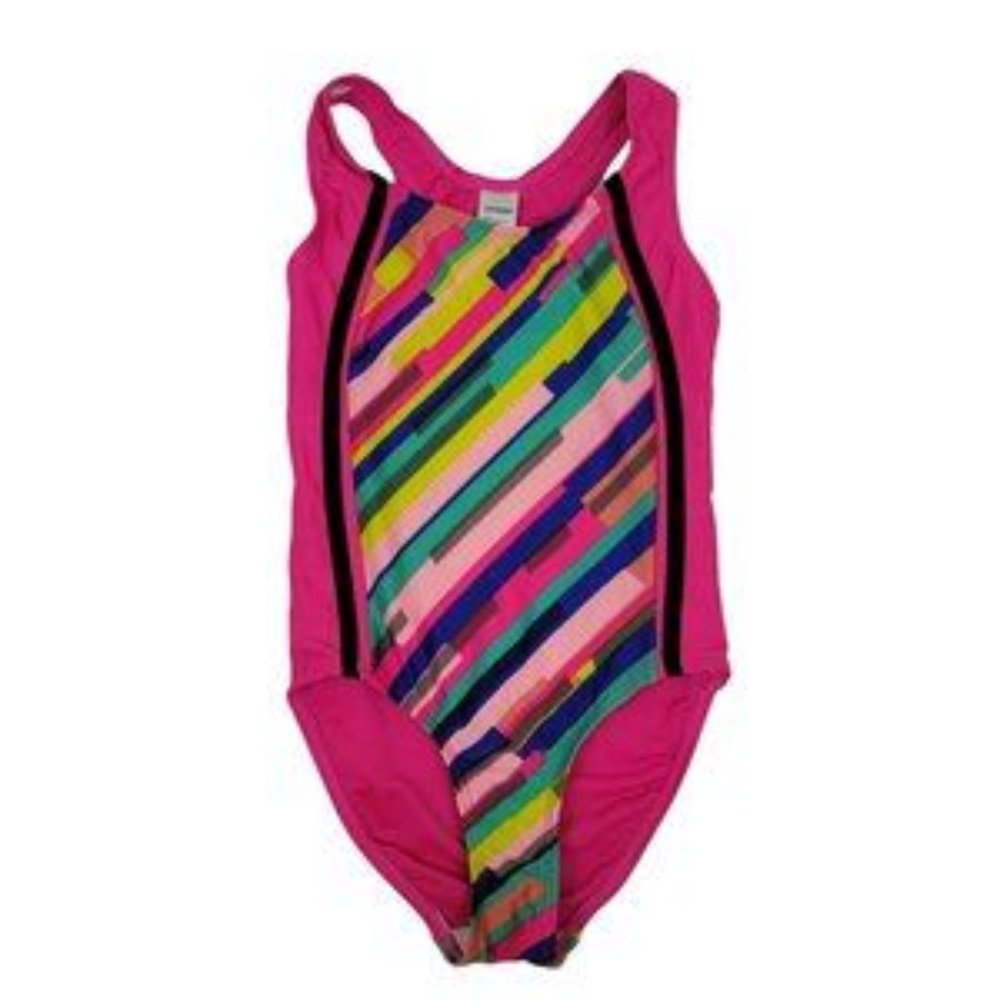 Joe Boxer Swimsuit Girls XS 4/5 Pink Multi Striped 1 Pc Racerback Beach Pool